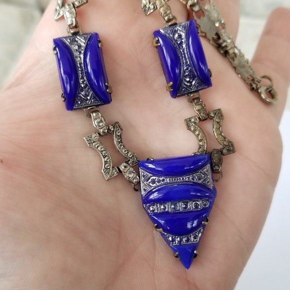 Relisted-Vintage Art Deco necklace blue glass silver tone choker - Picture 4 of 17
